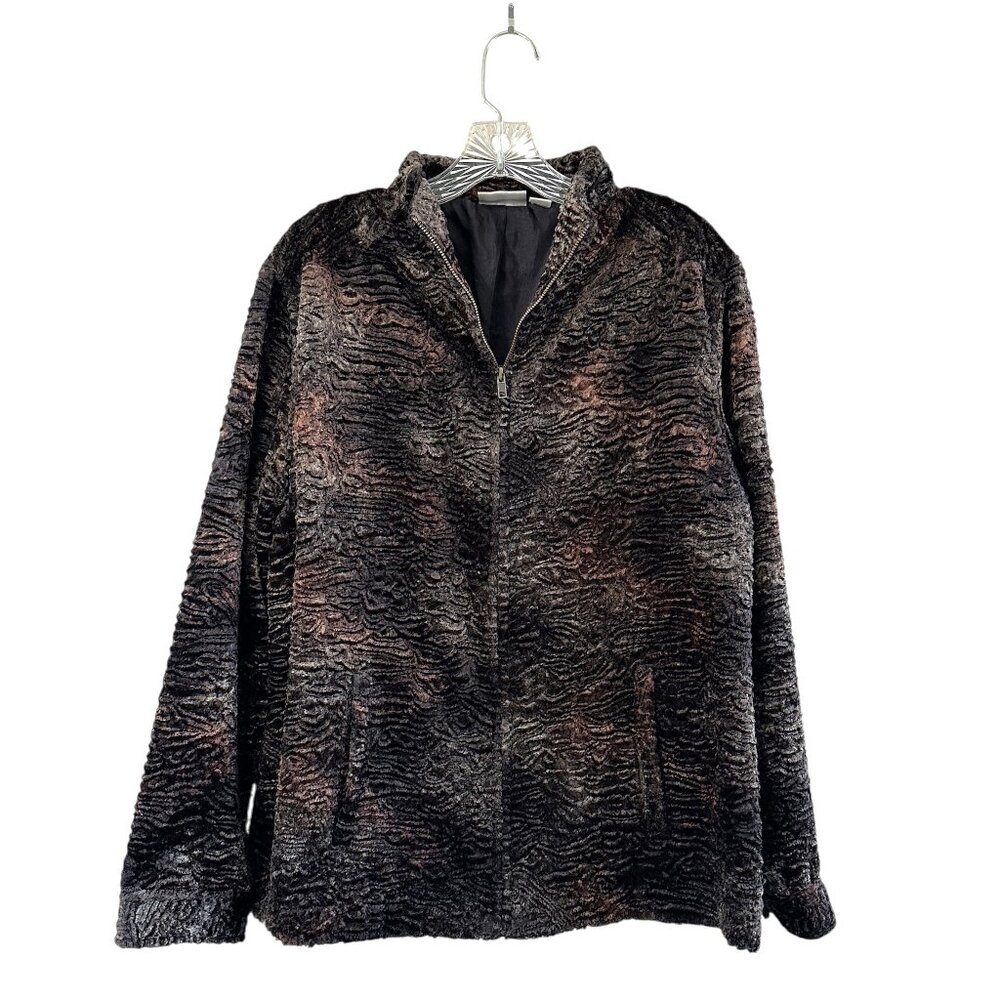 Chico's Faux Fur Velvet Plush Silk Lined Zip Jacket, L, Mob wife Maximalist